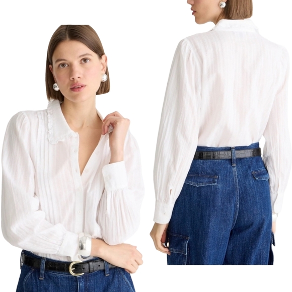 J. Crew Tops - J. Crew Lace Collar Ruffle Button Up Shirt in Cotton Dobby Large NWT